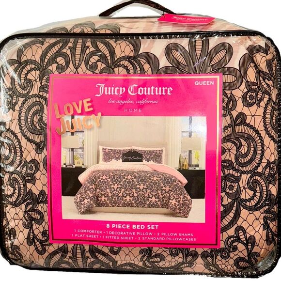 Juicy Couture Home Pink & Black Floral Lace 8 Piece Bed Comforter Set Queen Size - Picture 1 of 11